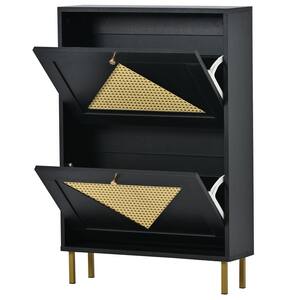 23.6 in. W x 6.6 in. D x 30.3 in. H Black Rattan Linen Cabinet with 2 Flip Drawers for Heels, Boots, Slippers
