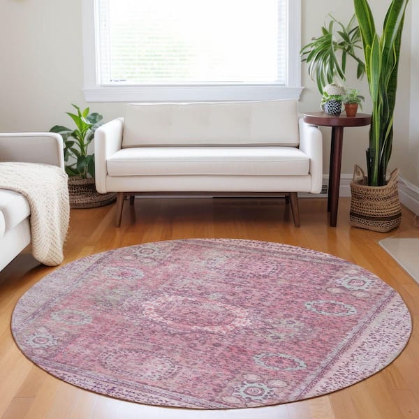 Chantille Machine Washable Indoor/Outdoor Abstract ACN1740 Pink 8 ft. x 8 ft. Round Rug