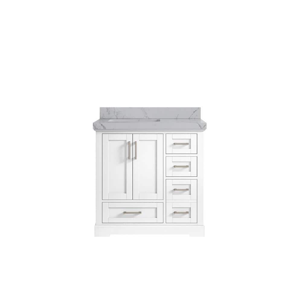 Boston 36 in. W x 22 in. D x 36 in. H Left Offset Single Sink Bath Vanity in White with 2 in. Venatino qt Top price history on PriceWatchPro