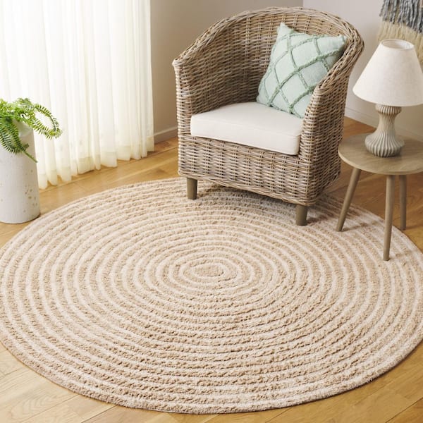 Easy Care Beige/Ivory 6 ft. x 6 ft. Machine Washable High-Low Swirl Solid Round Area Rug