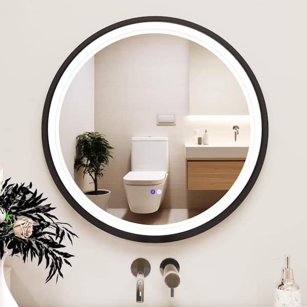 Fab Glass and Mirror 32 in. x 32 in. Modern Round Black Framed Decorative LED Mirror Wall Mounted Anti-Fog and Dimmer Touch Sensor