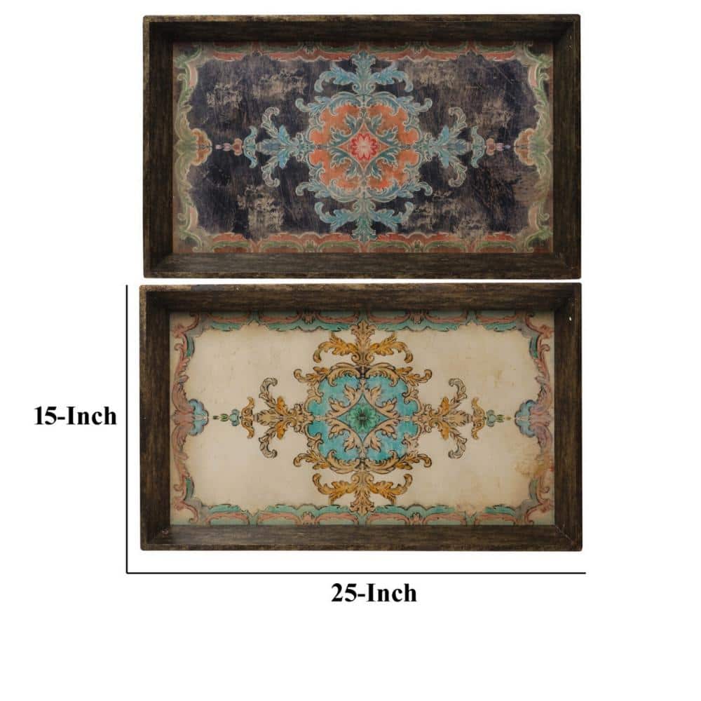 25 Inch Distressed Brown Wood Trays with Damask Pattern, Set of 2