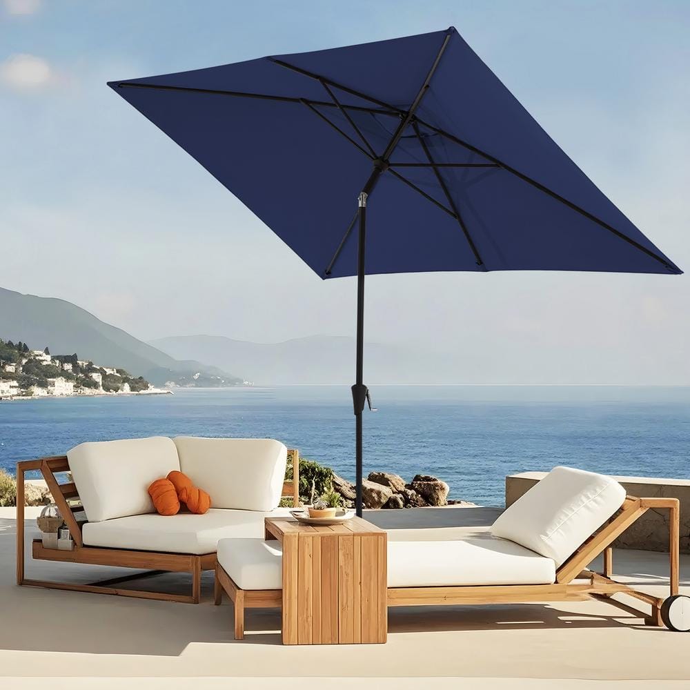 Navy Blue Rectangular Steel Patio Umbrella with Crank Lift