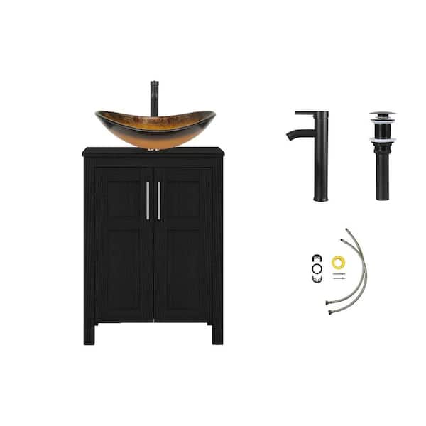 24 in. W x 18.1 in. D x 31.7 in. H Single Sink Black Bath Vanity with Black Solid Surface Top Gold/Black Sink