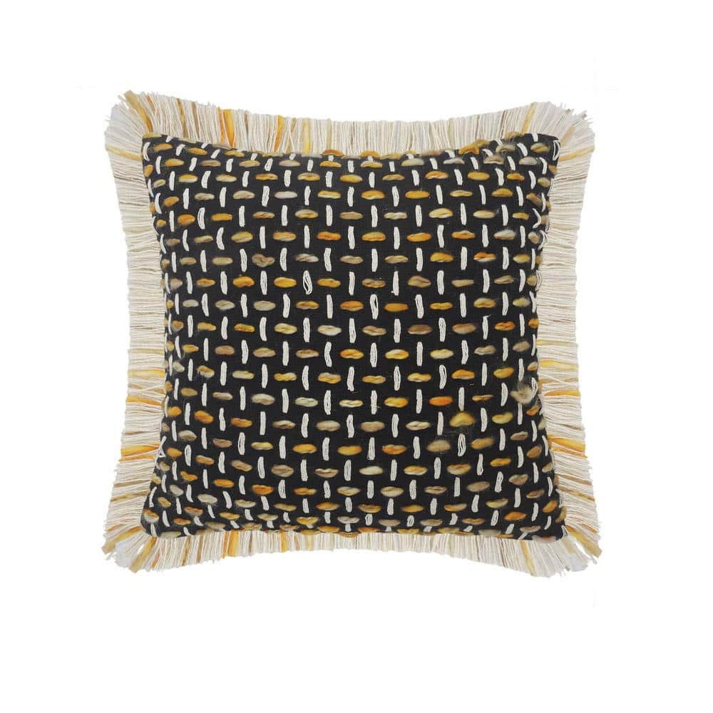 Modern Black / Gold Interwoven Fringed Poly-fill 20 in. x 20 in. Indoor  Th