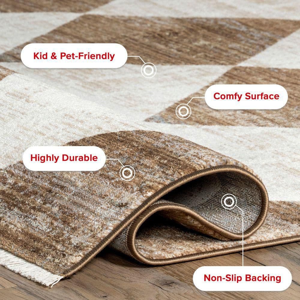 Meline Beige and Brown Checkered Rectangular Area Rug