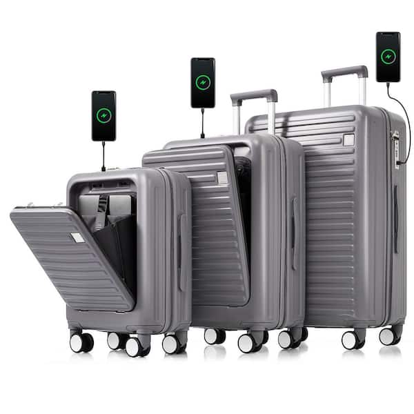 3-Piece Gray Blue 20 in. 24 in. 28 in. Hardshell Spinner Luggage Set Ports Holders Front Opening Design 20 in. 24 in.