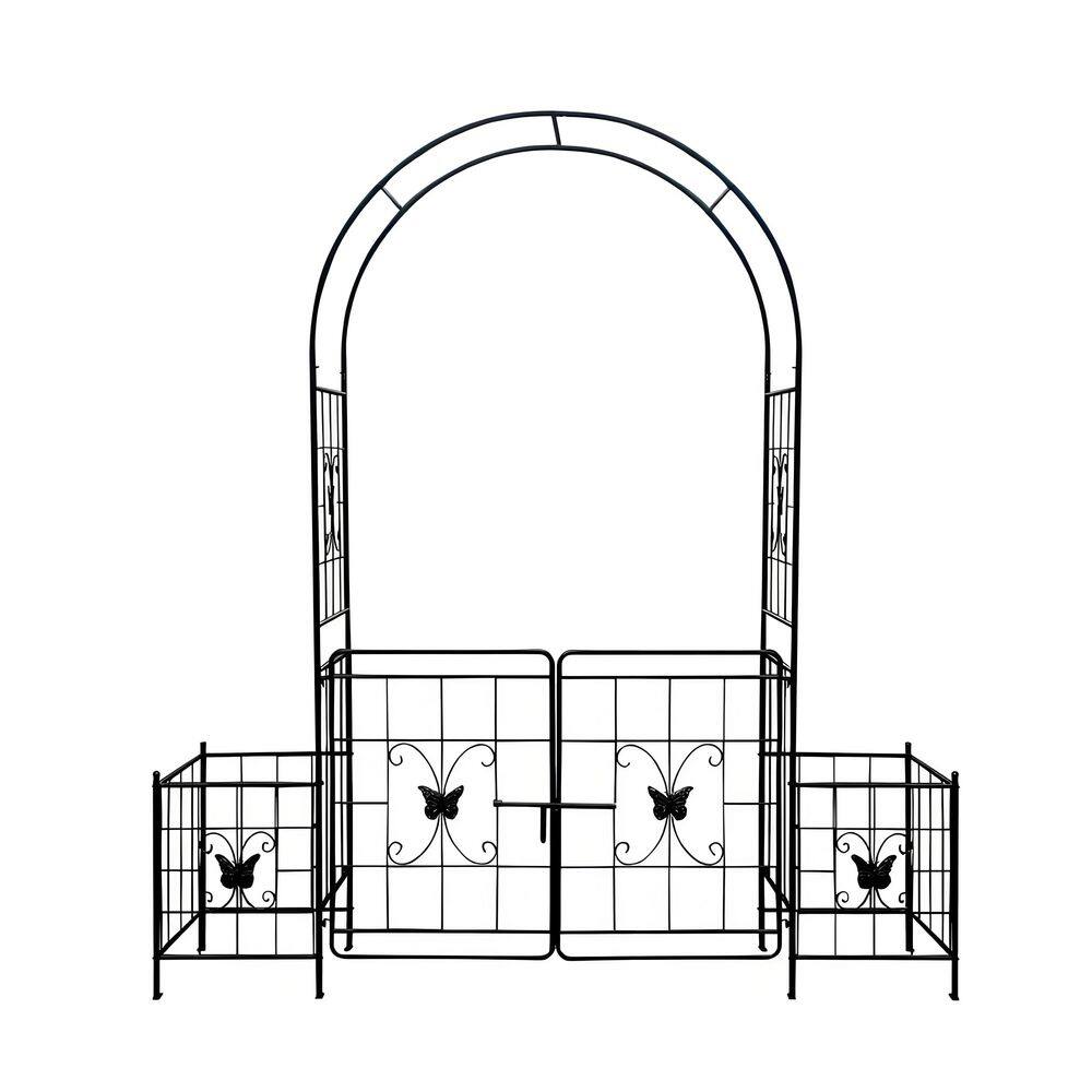 Black Metal 84.6 in. x 78.74 in. Garden Arch Arbor Trellis with Gate ...