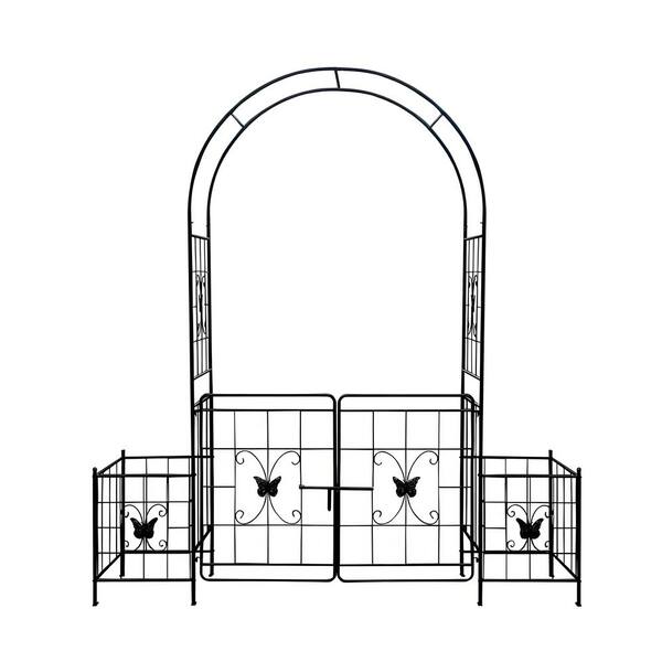 Black Metal 84.6 in. x 78.74 in. Garden Arch Arbor Trellis with Gate ...
