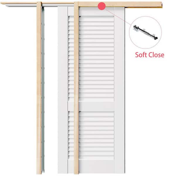 56in. x 80in. White Primed Louvered Panel Pine and MDF Composite Sliding Pocket Door with Soft Close, Frame and Hardware