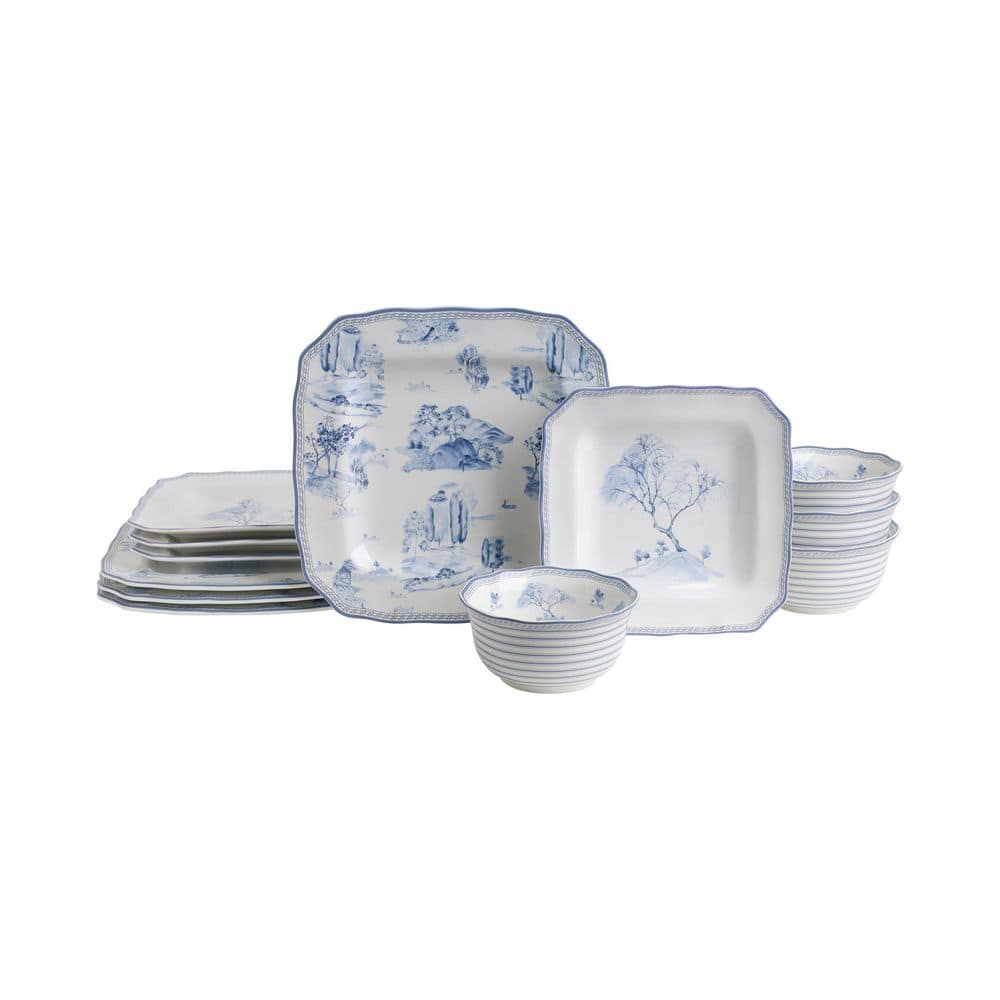 Scenic Toile Blue Porcelain 12-Pieces Dinnerware Set
