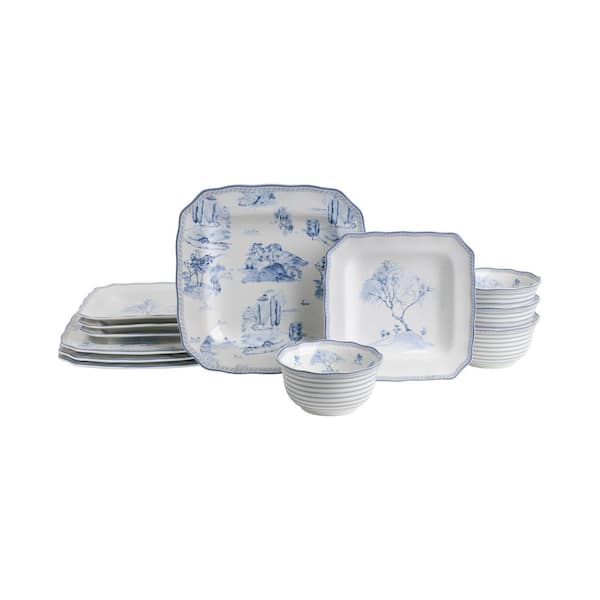222 Fifth Scenic Toile Blue Porcelain 12-Pieces Dinnerware Set