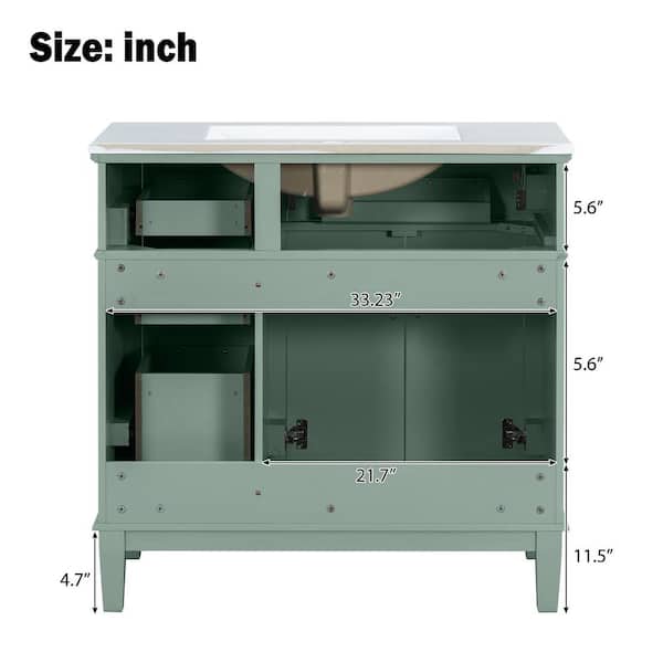 36 in. W Single Sink Freestanding Bath Vanity in Green with White Ceramic Top, 2-Soft Close Doors and 4-Drawers