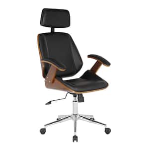 Alison Office Chair with Multifunctional Mechanism in Chrome with Black Faux Leather and Walnut Veneer Back