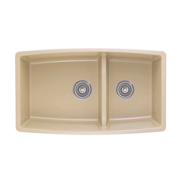 Blanco PERFORMA Undermount Granite Composite 33 in. 60/40 Double Bowl Kitchen Sink with Low Divide in Biscotti