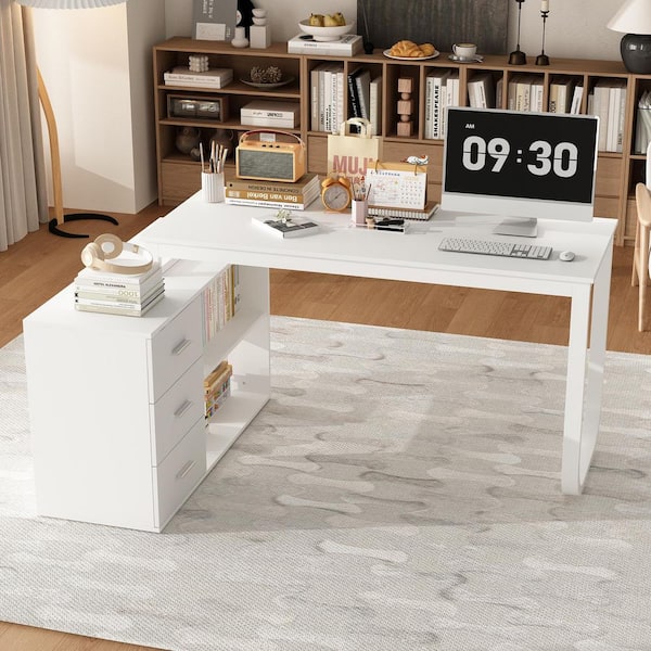 55.1 in. L-Shaped White Wood Writing Desk Corner Gaming Desk With Open 2-Tier Storage Shelves and 3-Drawers Home Office