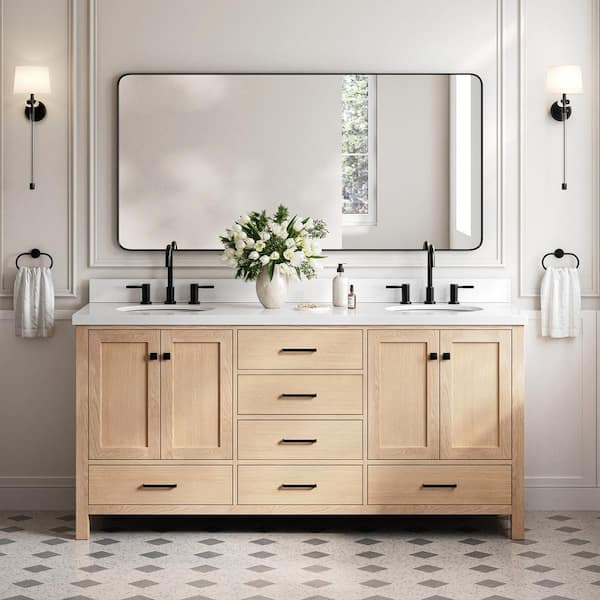 ARIEL Cambridge 73 in. W x 22 in. D x 36 in. H Double Sink Bath Vanity in Oak with Pure White Quartz Top