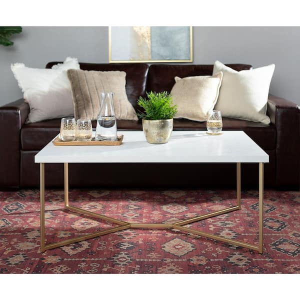 Walker Edison Furniture Company 42 in. White Rectangle Faux Marble Top Coffee Table