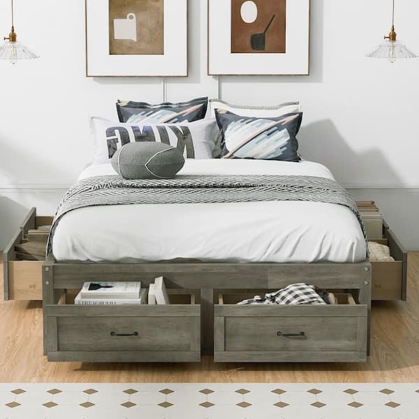 Rustic Antique Gray Wood Frame Full Platform Bed with 6 Storage Drawers
