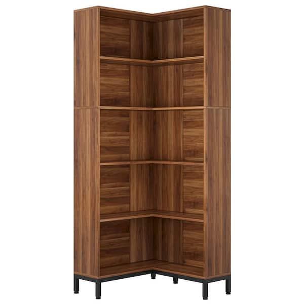 BYBLIGHT Eulas 70.9 in. Tall Dark Brown Engineered Wood 6-Shelf Corner Bookcase, 6-Tier L-Shaped Display Shelves for Living Room