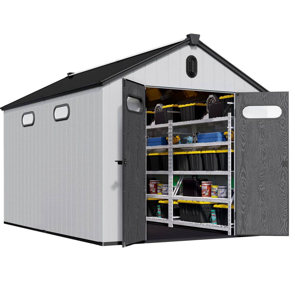 Outdoor 8 ft. W x 12 ft. D Storage Plastic Resin Shed with Black Pitched Apex Roof, Vent,Door,Floor (96 sq. ft.),Grey price history on PriceWatchPro