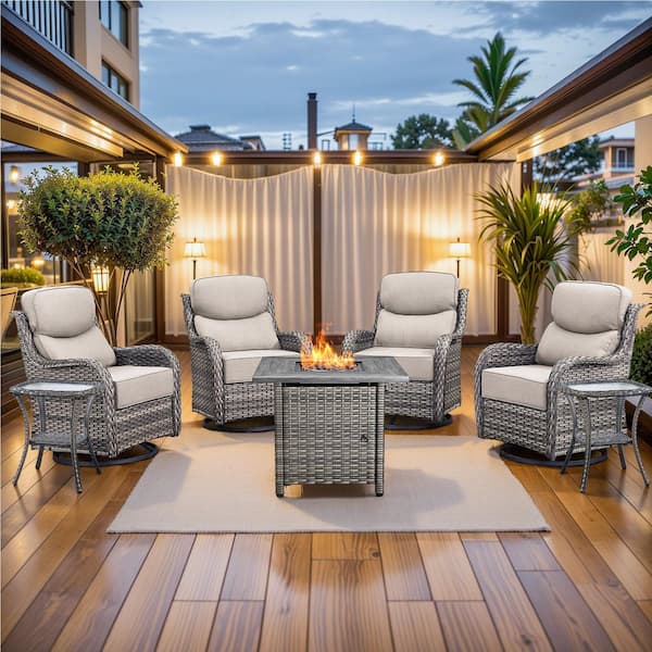 MoonLuxe Gray Wicker Fire Pit Conversation Set with Beige Olefin 6 in. Thick Cushions Patio Swivel Chairs (7-Piece)