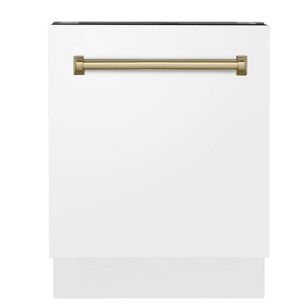ZLINE Kitchen and Bath Autograph Edition 24 in. Top Control 8-Cycle Tall Tub Dishwasher with 3rd Rack in White Matte and Champagne Bronze, White Matte & Champagne Bronze