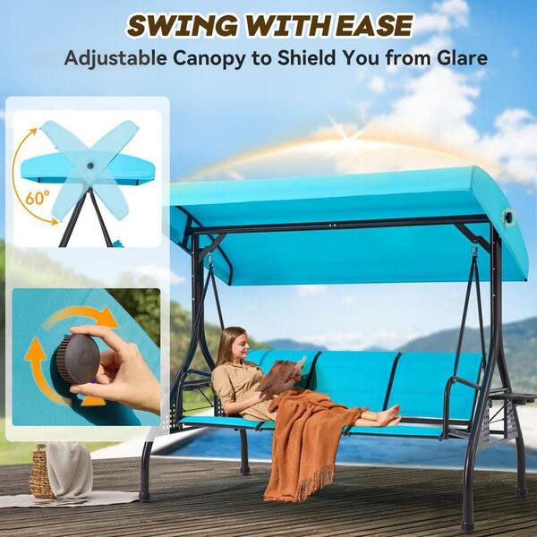 Cesicia 3-Person Lake Blue Metal Patio Swing with Textilene