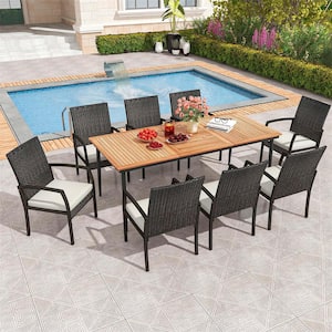 Noir Collection 9-Piece Wicker Outdoor Dining Set with Off-White Cushions