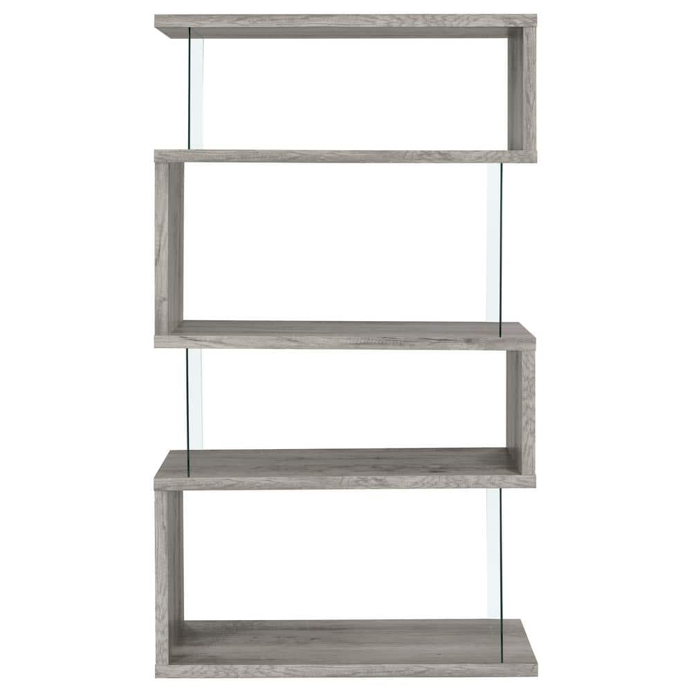 Zigzag Contemporary 63" Gray Wood Bookcase with Glass Panels