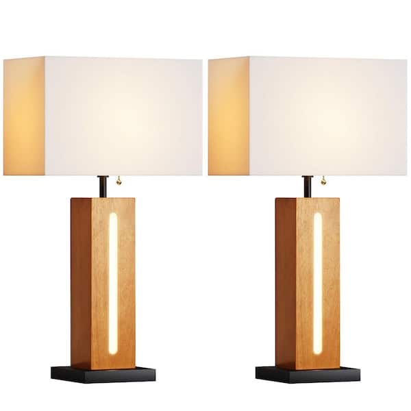 22 in. Rustic Wood Grain Bedside Lamps Set of 2, Modern Square Dimmable Table Lamp with Shades LED Bulbs for Living Room