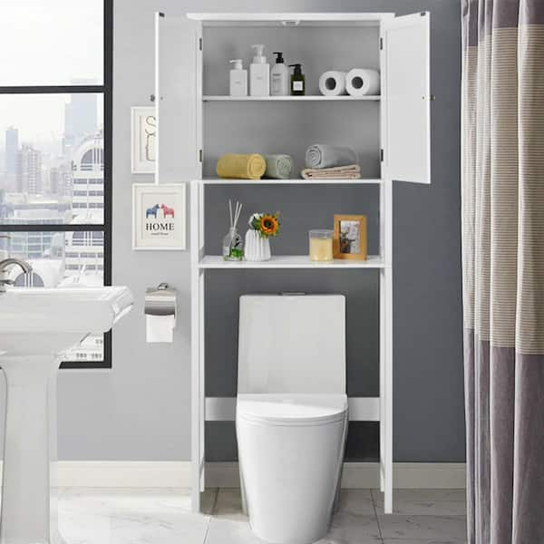 Bunpeony 28 in. W x 68 in. H x 9.5 in. D White Bathroom Over-the-Toilet Storage Cabinet Organizer with Doors and Shelves