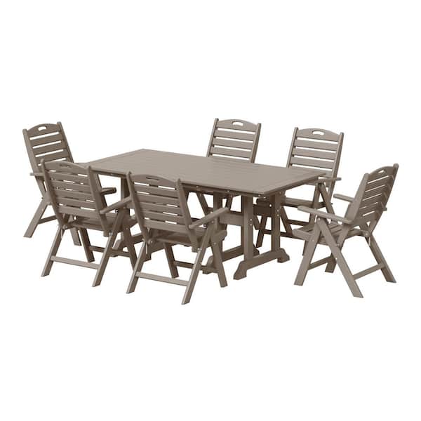 Laguna Outdoor All Weather HDPE Plastic 7-Piece Weathered Wood Highback Folding Chairs, Rectangle Table Patio Dining Set