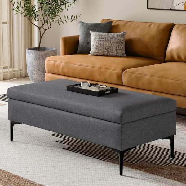 Simpli Home Rebecca Slate Grey Fabric Large Coffee Table Storage Ottoman with Lift Up Lid