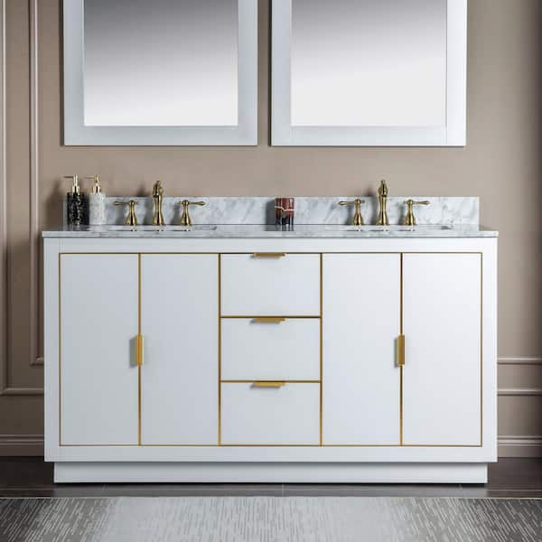 WOODBRIDGE Venice 61 in. W x 22 in. D x 38 in. H Bath Vanity in White with Marble Vanity Top in Carrara White with White Basin