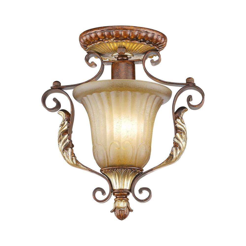 Verona Bronze and Gold Leaf Rustic Glass Semi-Flush Mount
