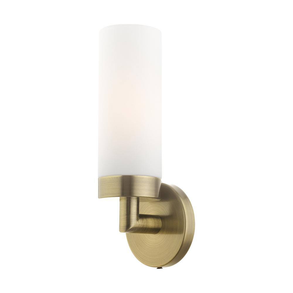 Antique Brass Outdoor Dimmable Wall Sconce with Satin Opal White Glass