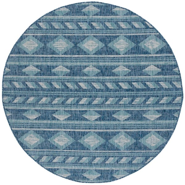 Courtyard Navy/Aqua 5 ft. x 5 ft. Striped Diamond Geometric Indoor/Outdoor Round Area Rug
