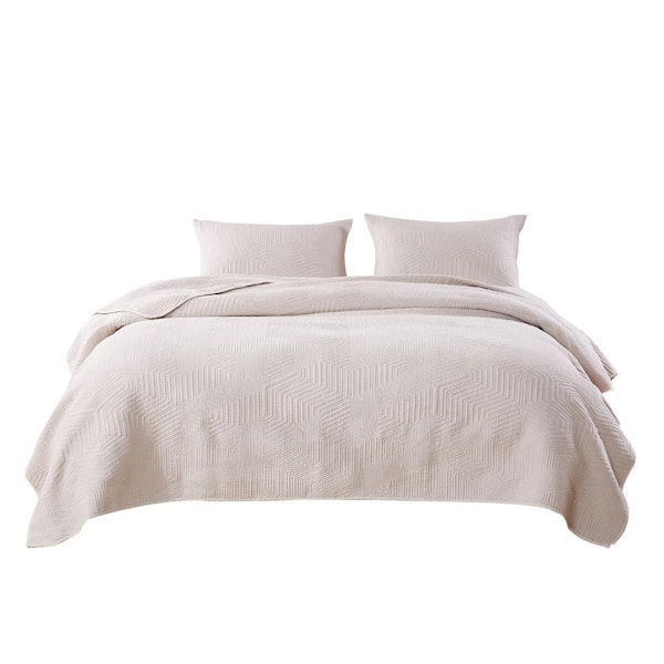Benjara 3-Piece Cream Solid Full Size Velvet Quilt Set