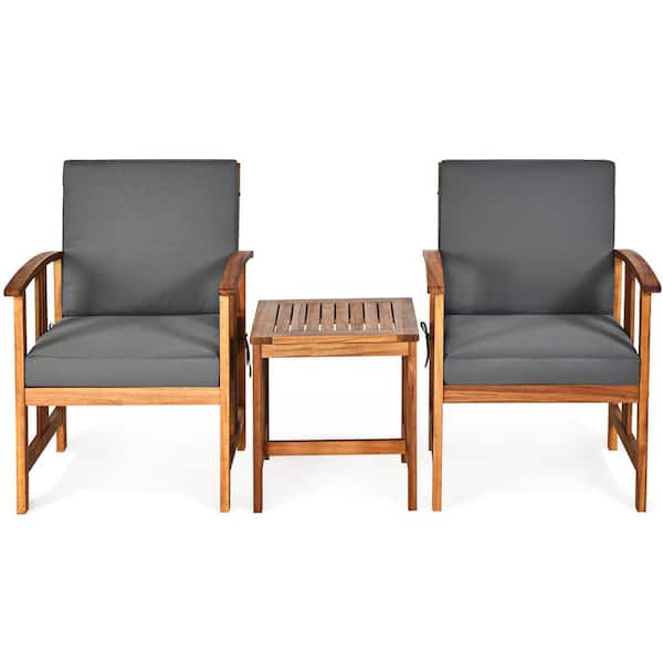 HONEY JOY 3-Piece Wood Sectional Patio Conversation Set Sofa with Gray Cushions