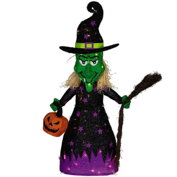 39 in. LED Lighted Witch with Broom Outdoor Halloween Yard Stake Decoration-Clear Lights