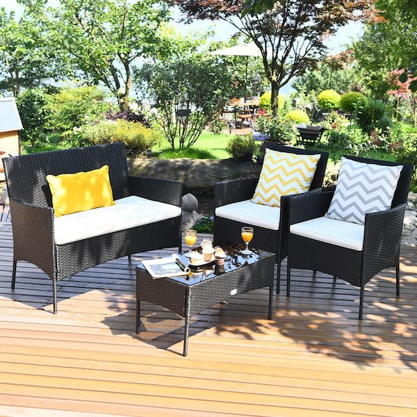 4-Piece Wicker Patio Conversation Set with White Cushions, Outdoor Rattan Furniture Set, Loveseat, Sofa Garden