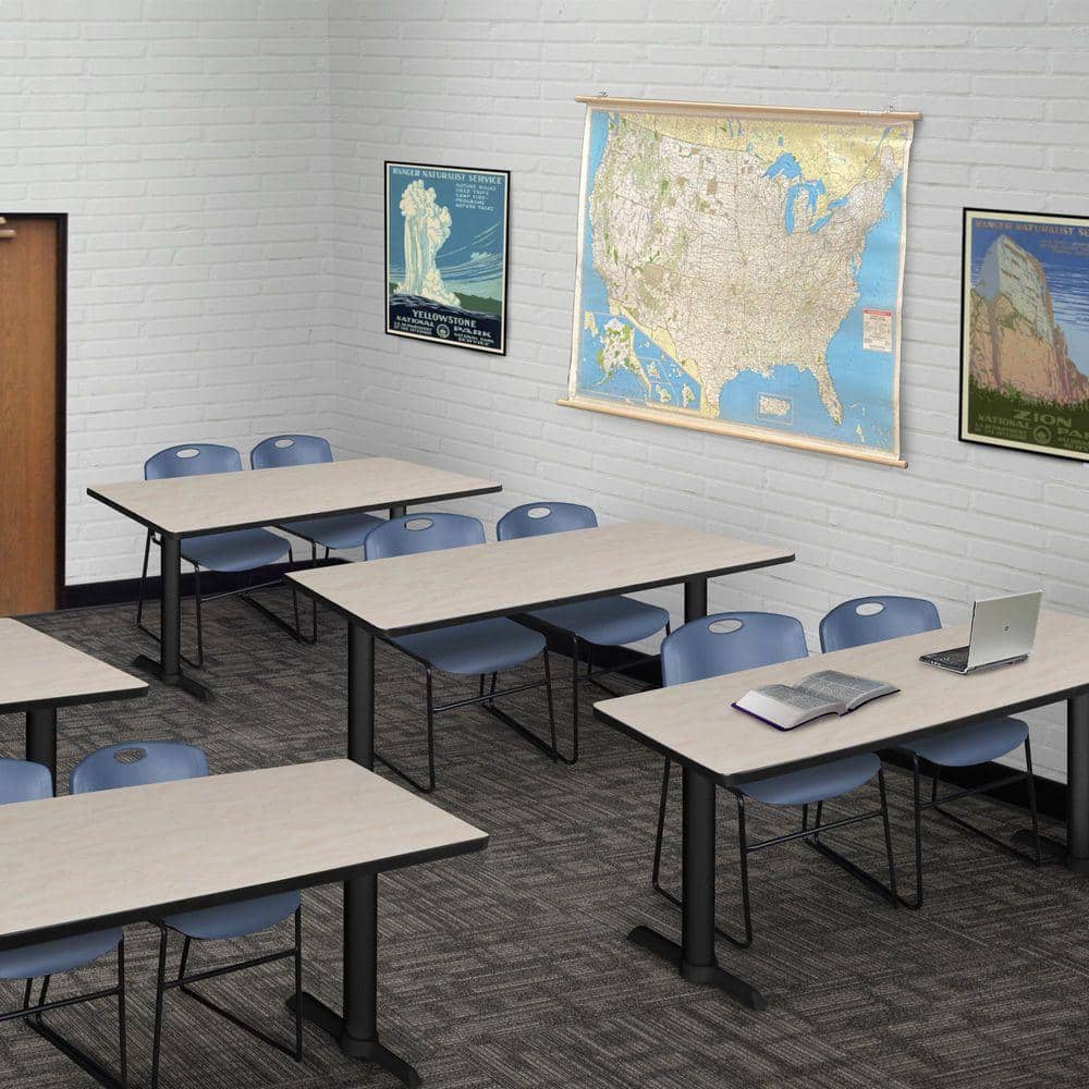 Cain 48 in. x 24 in. Maple T-Base Training Seminar Table Desk and 2 Zeng Stack Chairs-Blue
