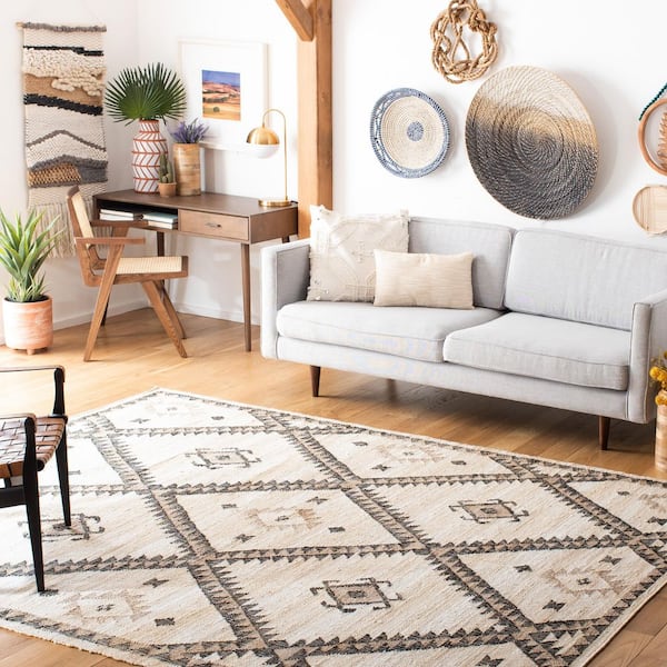 Kilim Ivory/Black 9 ft. x 12 ft. Native American Trellis Border Area Rug