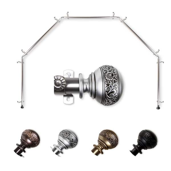 EMOH 13/16" Dia Adjustable 5-Sided Bay Window Curtain Rod 28 to 48" (each side) with Douglas Finials in Satin Nickel