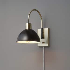 1-Light Matte Brass Plug-In or Hardwire Wall Sconce with Matte Black Accents, 6 ft. Clear Cord, On/Off Rotary Switch