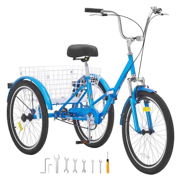 Folding Adult Tricycle 24-In. Adult Folding Trikes Carbon Steel 3 Wheel Cruiser Bike with Large Basket