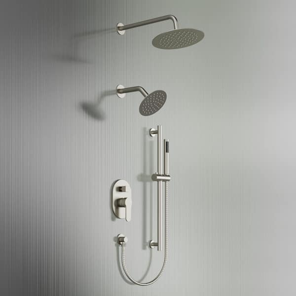 Crozet 3-Spray 10 in. Wall Mount Dual Fixed and Handheld Shower Head Shower Faucet Hand Shower 2.5 GPM in Brushed Nickel