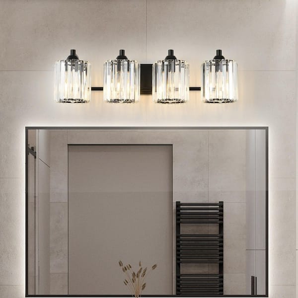 Modern 26.8 in. 4 Light Black Bathroom Vanity Light with Crystal Glass Shade