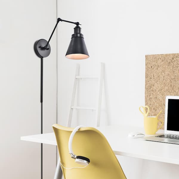 Hampton Bay 1-Light Black Plug-In/Hardwired Swing Arm Wall Lamp with 6 ft. Fabric Cord